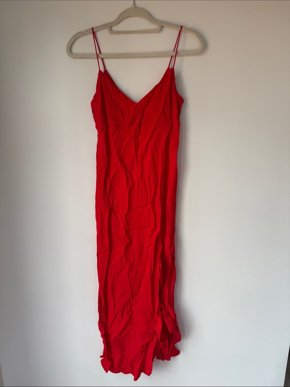 Zara Vibrant Red Midi Slip Dress with Double Spaghetti Straps